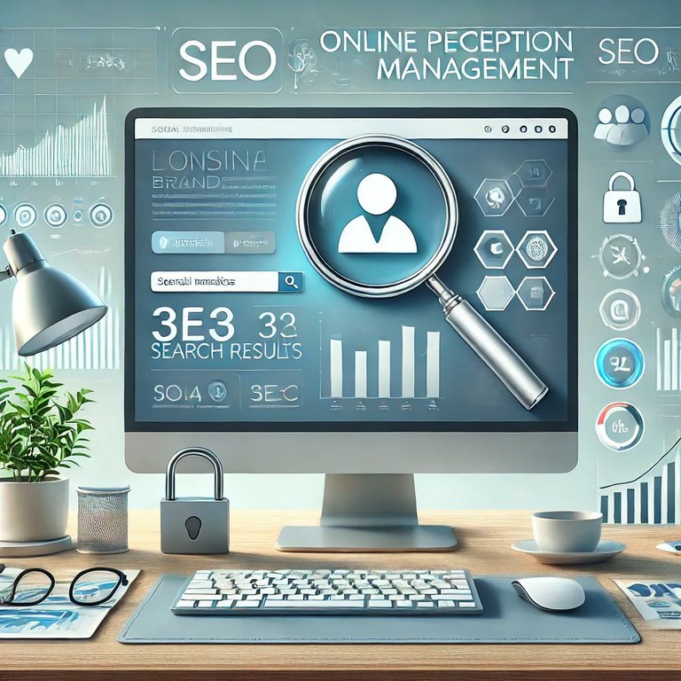 A visually appealing illustration highlighting the concept of online perception management. The image depicts a sleek computer with a branding dashboard on the screen, emphasizing personal reputation strategies. Surrounding elements include a magnifying glass over positive search results, social media icons, SEO analytics graphs, and a secure lock symbolizing protection and trust. The scene is set in a modern, professional workspace with a soft gradient background to evoke innovation and precision.