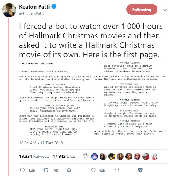 When a bot writes a Hallmark Christmas movie based on a 1,000 hours of Hallmark Christmas movies