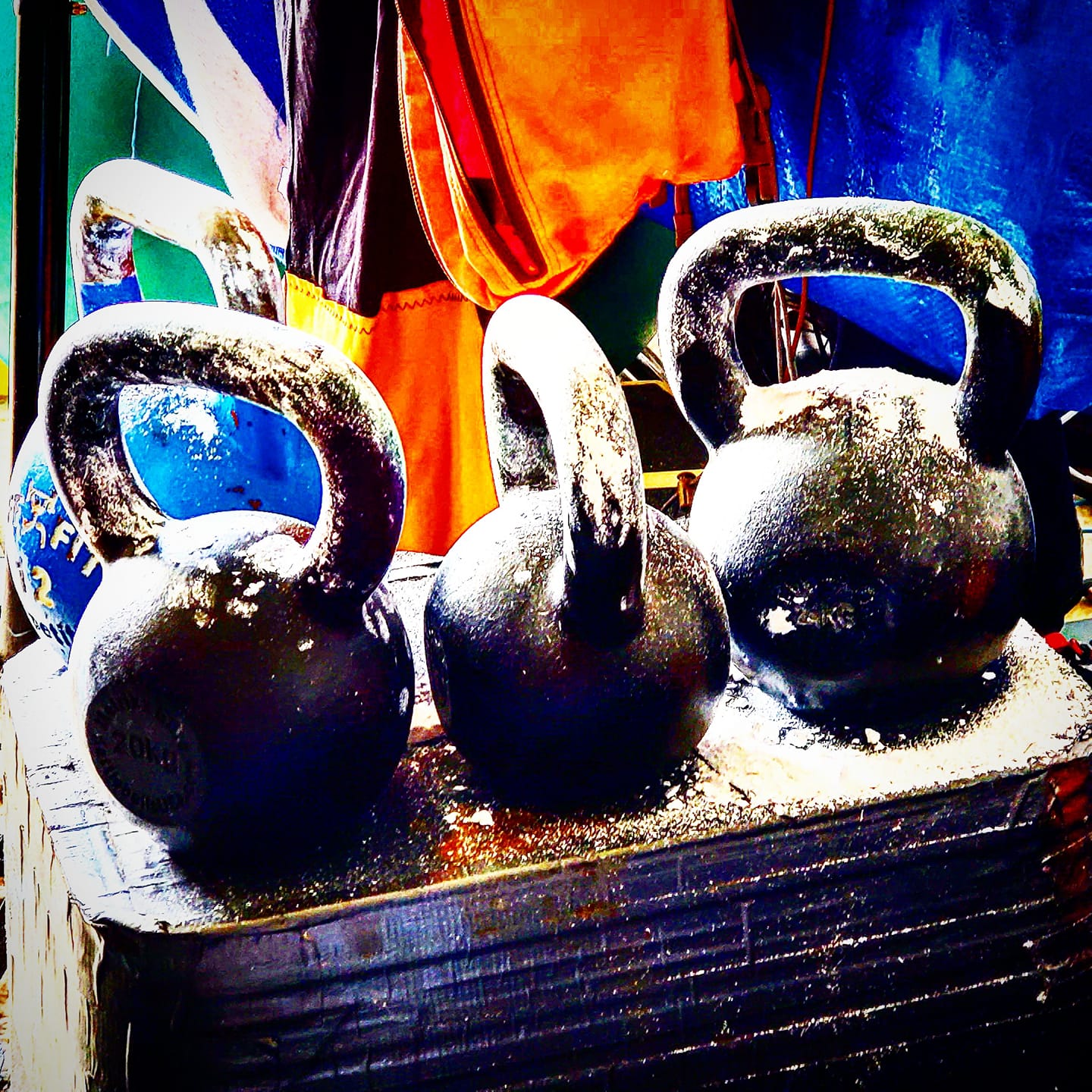 Chalked-up kettlebells