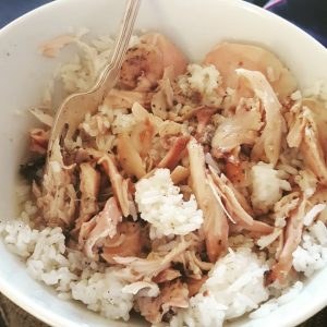 Slow-cooked Crock-Pot chicken and white rice with drippings