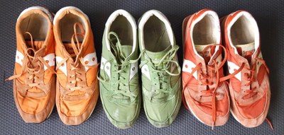 My collection of Saucony Jazz Originals Running Shoes in red, orange, and green