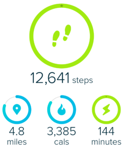 fitbit report for chris abraham on 9 January 2018 which is around 12,641 steps or 4.8 miles and 3,385 calories
