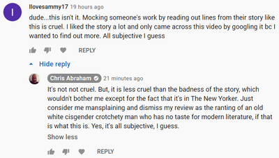 Comments from Ilovesammy17 on YouTube about 'Satellites' by Rebecca Curtis New Yorker featured fiction