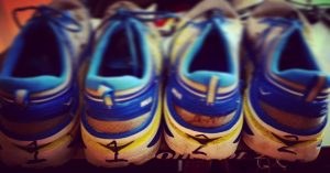 Chris Abraham's Hoka One One Bondi3 numbered running shoes