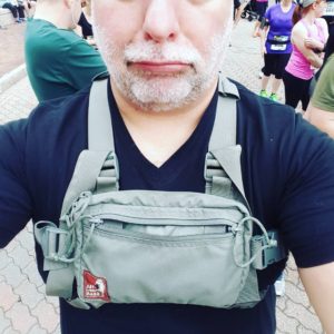 Wearing my hill people gear snubby kit bag in a 5k running race