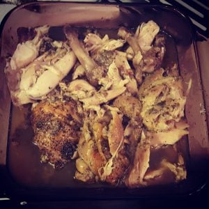 Literally the most amazingly flaky chicken falling off the bone! 7 hours, one layer, skin side up, liberally salted and peppered and then just left to be for 7 hours et voila! This has changed everything."