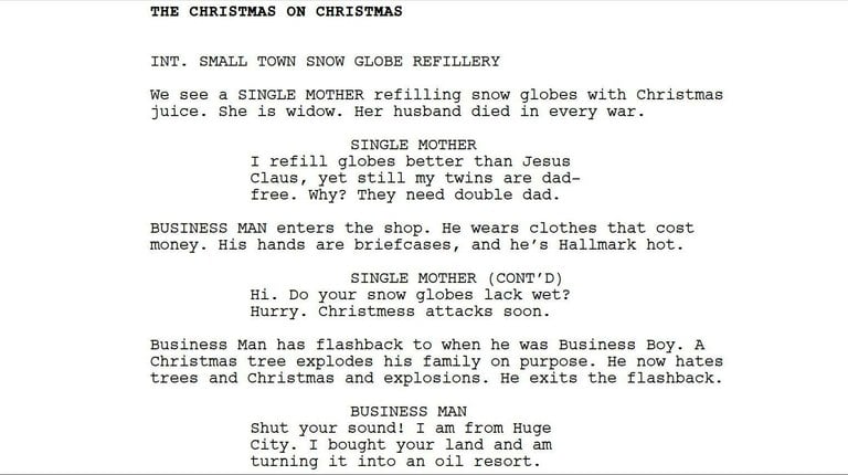 I forced a bot to watch over 1,000 hours of Hallmark Christmas movies and then asked it to write a Hallmark Christmas movie of its own. Here is the first page.