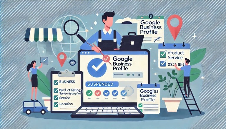 Illustration of a professional optimizing a Google Business Profile, featuring elements like a laptop, verification documents, location pins on a map, and business details such as product listings, service descriptions, and contact information, symbolizing recovery, setup, and optimization services.