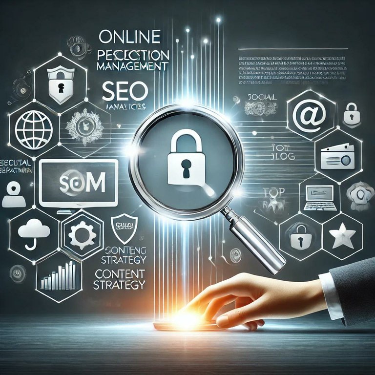 A sleek and modern depiction of Online Perception Management (OPM). The illustration showcases a professional digital workspace with a glowing computer screen displaying SEO analytics and search results. Surrounding elements include icons for social media, blogs, and content strategy, emphasizing a comprehensive approach. Security symbols such as locks and shields highlight reputation protection, while a supportive hand symbolizes proactive guidance. The design evokes trust, innovation, and professionalism.