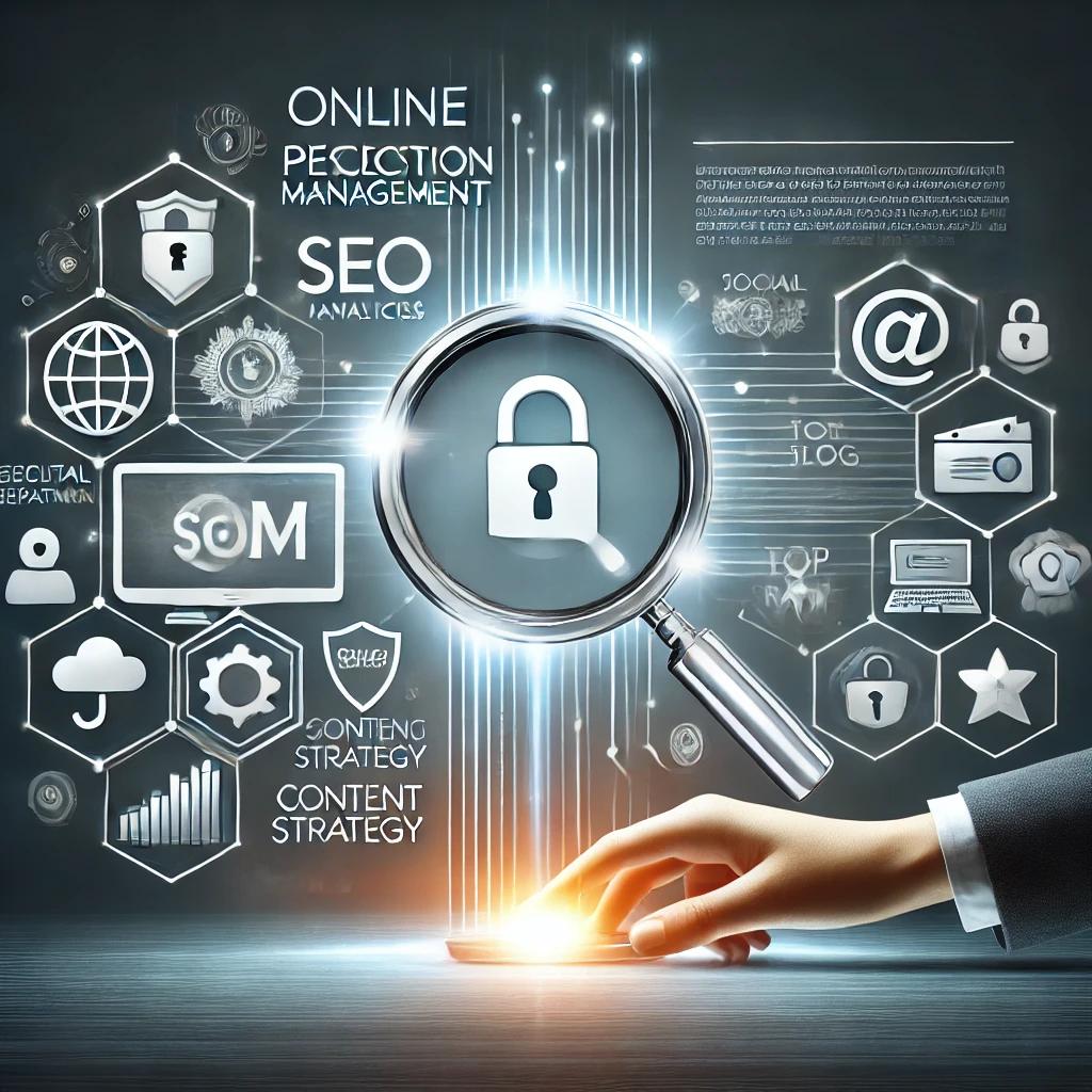 Illustration of Online Perception Management (OPM) featuring a digital workspace with a computer displaying SEO analytics, a magnifying glass highlighting search results, and icons representing social media, blogs, and content strategy tools. Includes security symbols like locks and shields, symbolizing proactive reputation protection and trust.