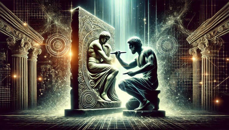 This artwork portrays a master sculptor carefully carving a luminous digital sculpture. The scene blends classical and futuristic elements, with intricate details symbolizing achievements and wisdom. Bathed in ethereal light, the sculptor’s work represents the timeless process of crafting a meaningful and enduring digital legacy, emphasizing precision, artistry, and the impact of thoughtful creation.