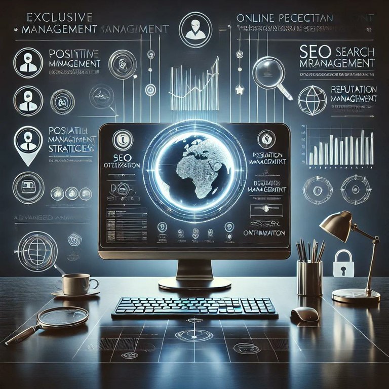 A sleek and modern illustration representing Exclusive Online Perception Management services for accomplished professionals. The image showcases a digital workspace with a glowing computer screen displaying advanced SEO analytics, positive search results, and personal branding strategies. Surrounding elements include icons for reputation management, content creation, and global connectivity, symbolized by a globe with interconnected lines. A shield and lock highlight confidentiality and security, while the overall design reflects professionalism, trust, and exclusivity.