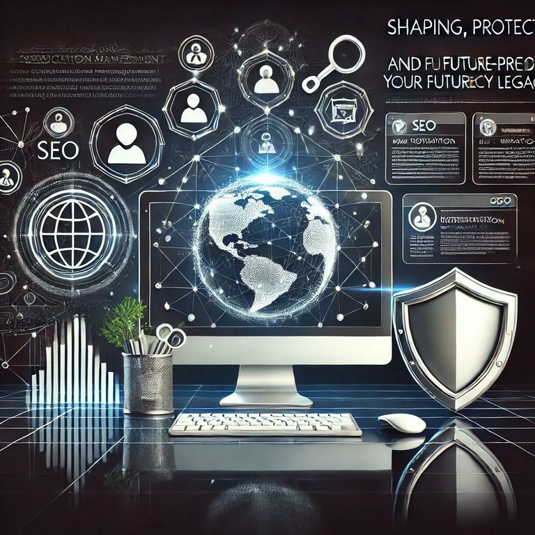 A sleek and modern illustration representing Online Perception Management services, emphasizing shaping, protecting, and future-proofing digital legacies. The image showcases a sophisticated digital workspace with a glowing computer screen displaying search engine results, social media profiles, and analytics. Surrounding elements include icons for SEO, reputation management, and content strategy, alongside a globe with interconnected lines symbolizing global influence and connectivity. A shield highlights security and protection, reflecting trust, professionalism, and innovation.