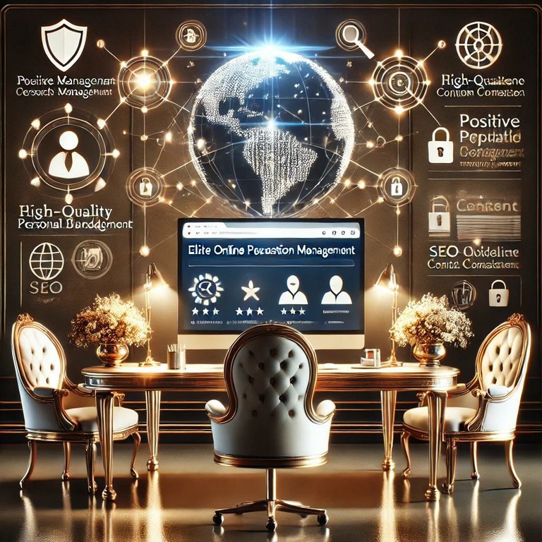 A sophisticated and professional illustration representing Elite Online Perception Management services tailored for high-net-worth individuals. The image showcases a luxurious digital workspace with a sleek computer displaying positive search results, personal branding content, and analytics. Surrounding elements include icons for SEO optimization, crisis management, and bespoke content creation, symbolizing tailored strategies for digital reputation. A glowing globe and interconnected nodes emphasize global reach and influence, while shields and secure locks highlight confidentiality and protection. The design exudes trust, discretion, and aspirational success.