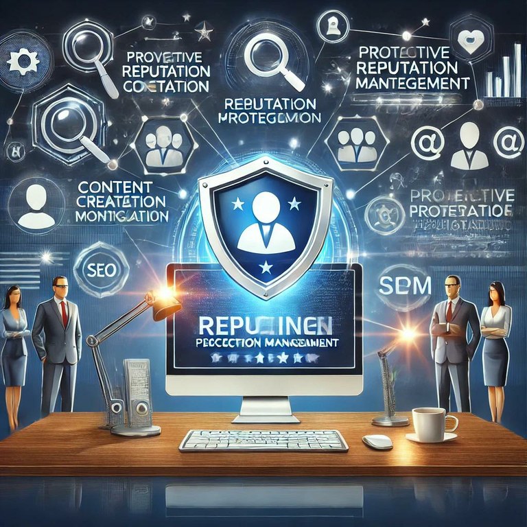 A professional illustration representing Online Perception Management (OPM) services designed for high-net-worth individuals, business leaders, and public figures. The image features a modern digital workspace with a computer displaying SEO analytics and social media dashboards. Surrounding elements include icons for content creation, reputation monitoring, and crisis management. A glowing shield signifies proactive reputation protection, while interconnected digital profiles and search result rankings highlight a comprehensive online ecosystem. The design conveys innovation, trust, and professionalism.