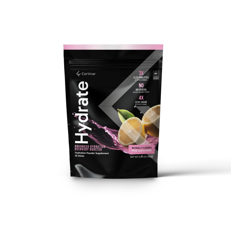 CORVIVE HYDRATE is an advanced electrolyte drink mix designed to ensure optimal hydration, essential for maintaining nerve, muscle, and brain function. Offering three times the electrolytes compared to leading sports drinks, it's formulated to replenish your body efficiently, supporting daily performance and an active lifestyle. With 15 servings per bag