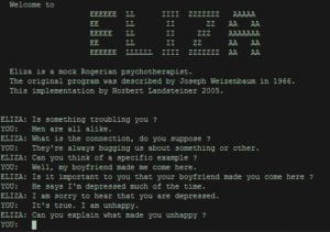 Created to demonstrate the superficiality of communication between humans and machines, Eliza simulated conversation by using a 'pattern matching' and substitution methodology that gave users an illusion of understanding on the part of the program, but had no built in framework for contextualizing events.