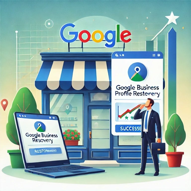 Illustration of a business storefront with a digital overlay of a Google Business Profile being restored. A laptop screen shows a successful reinstatement notification, a business owner celebrates, and an upward trend graph in the background symbolizes business growth. Professional blue and green tones enhance trust and credibility.