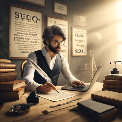 A poet dressed in modern attire, thoughtfully composing SEO titles at their desk, blending traditional poetry with modern SEO techniques.