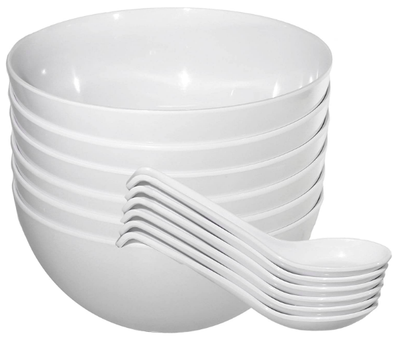 Chef Miso Set of Six Large Melamine Pho Bowls and Spoons White 48 Ounce