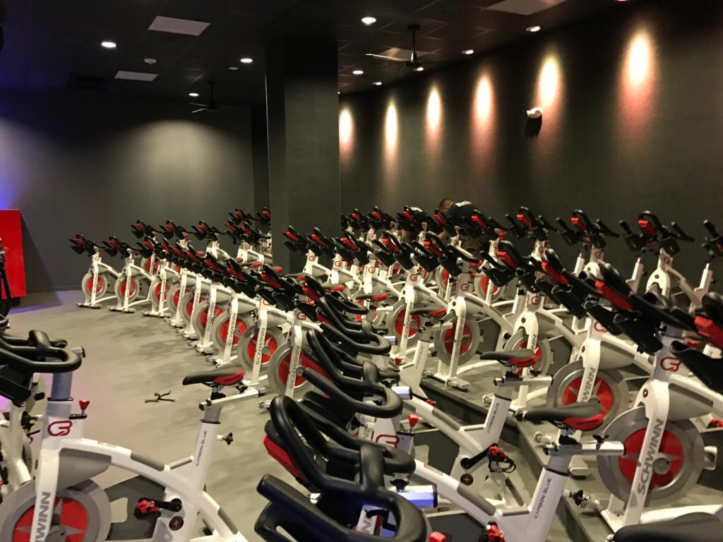 All the Schwinn spin bikes lined up in the studio are