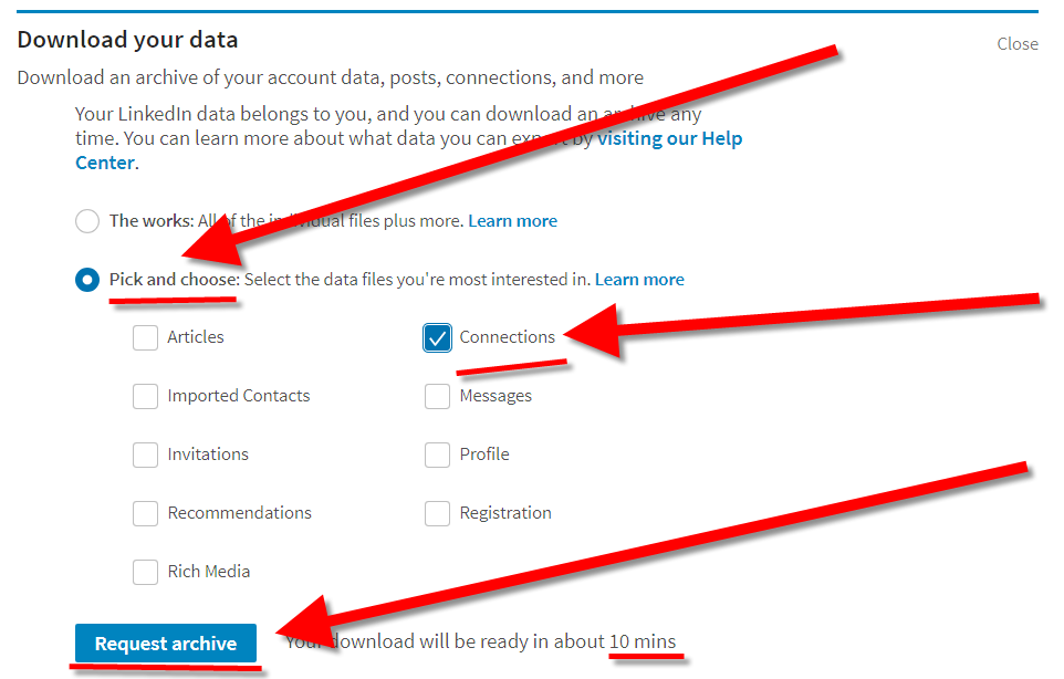 Reclaim your LinkedIn connections as contact emails via download your data