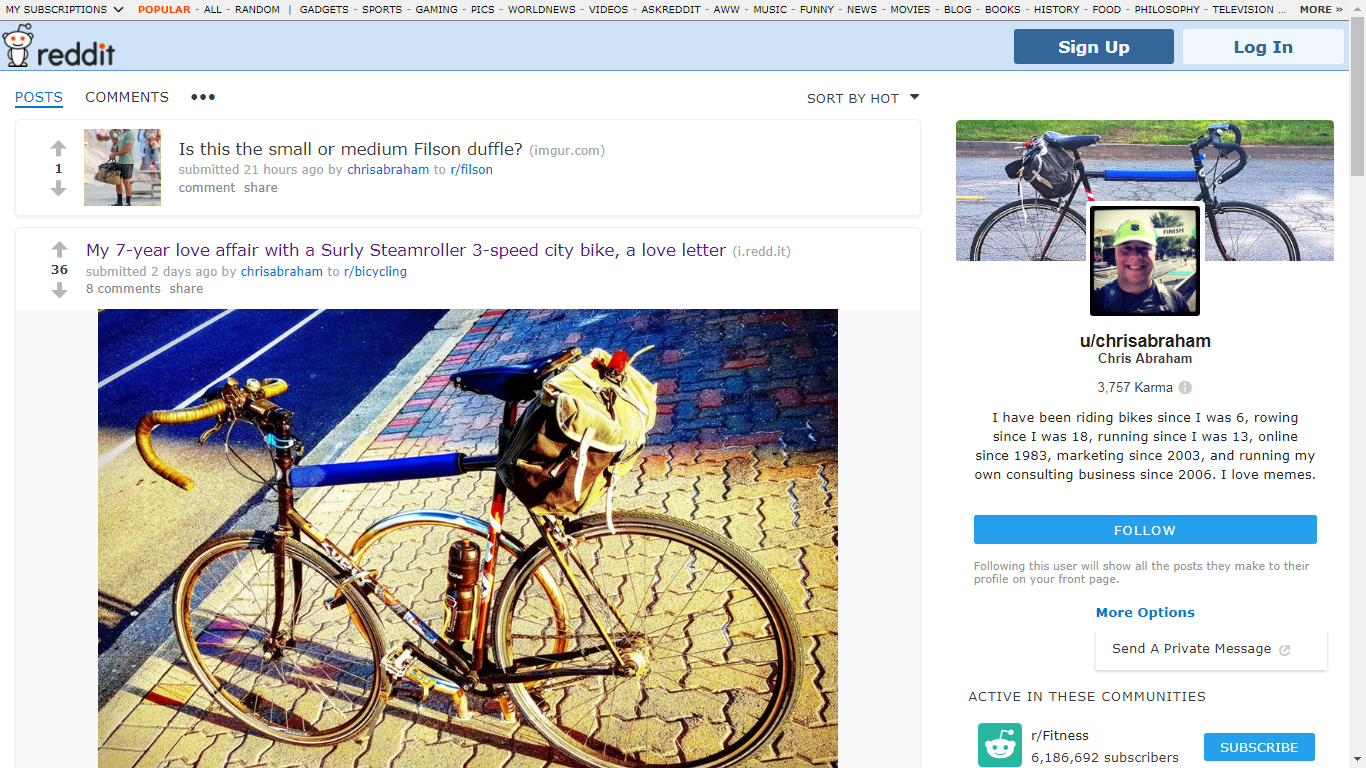 Logged out Chris Abraham's new reddit profile page