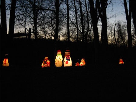 Self-illuminated Christmas snowmen in McLean, Virginia